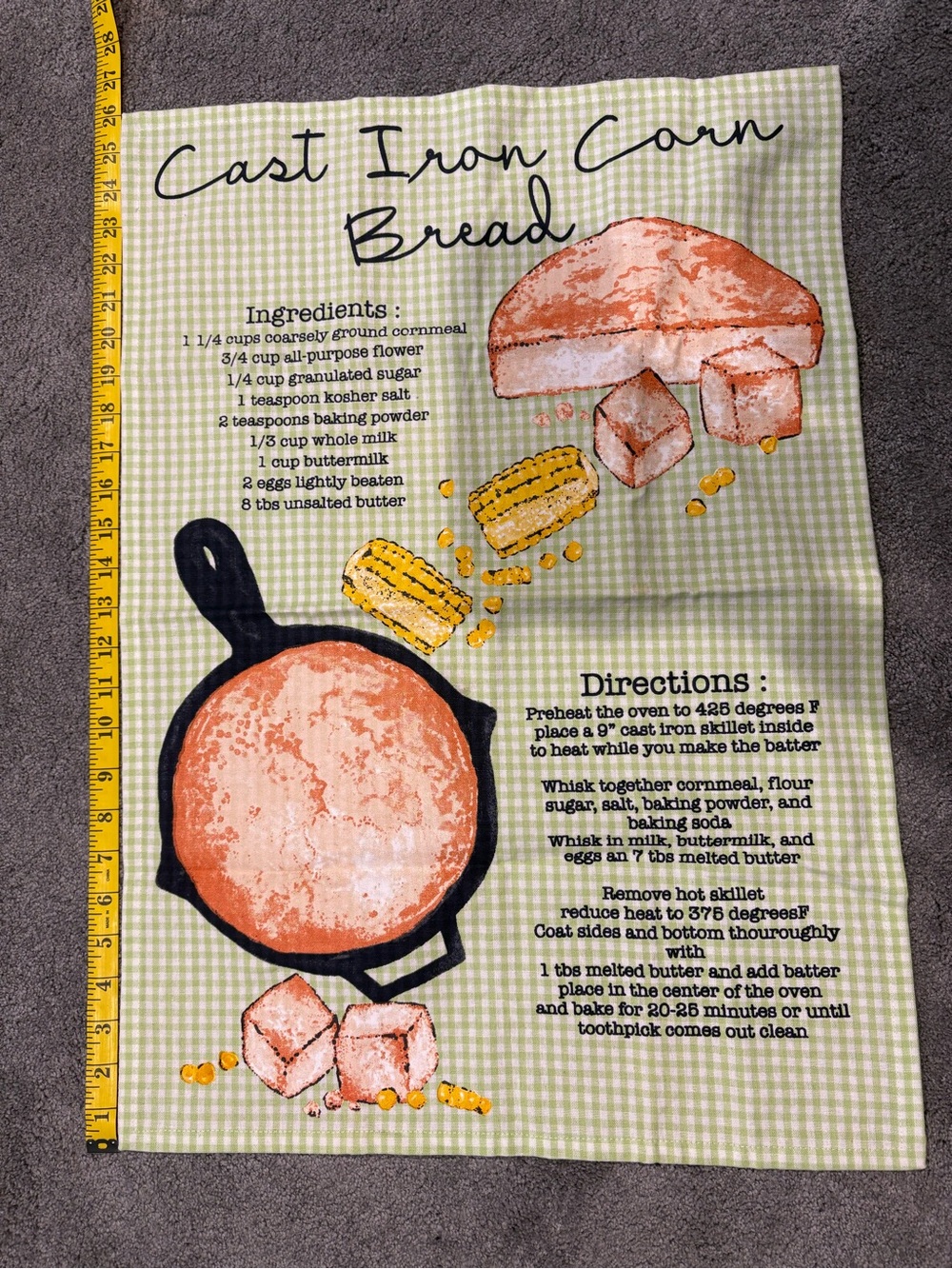 Cast Iron Corn Bread Kitchen Tea Towel - Green Gingham - 100% Cotton
